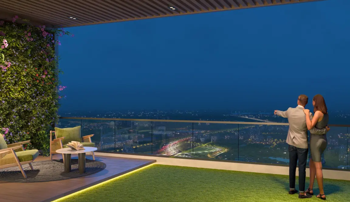 Architectural render of a large balcony overlooking Hyderabad