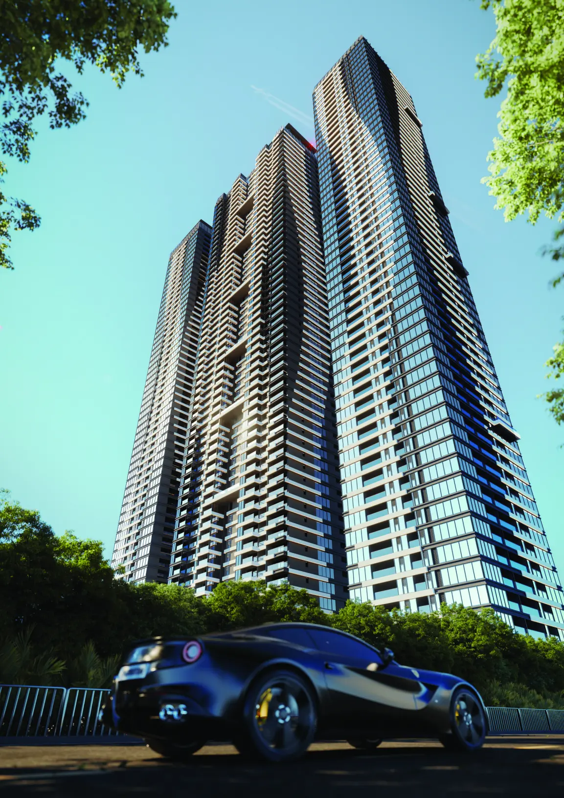 Ground-level architectural render of a Candeur Skyline tower