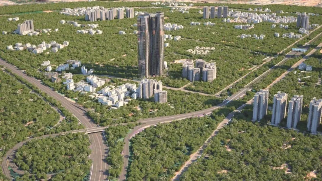 Aerial architectural render showing Candeur Skyline and the surrounding road network