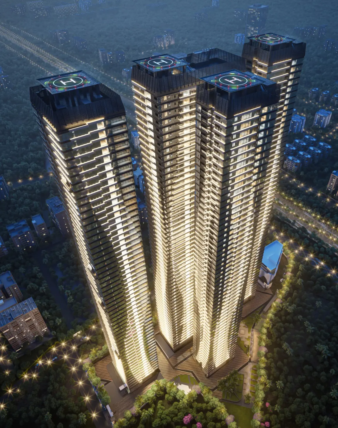 Night-time architectural render of Candeur Skyline towers