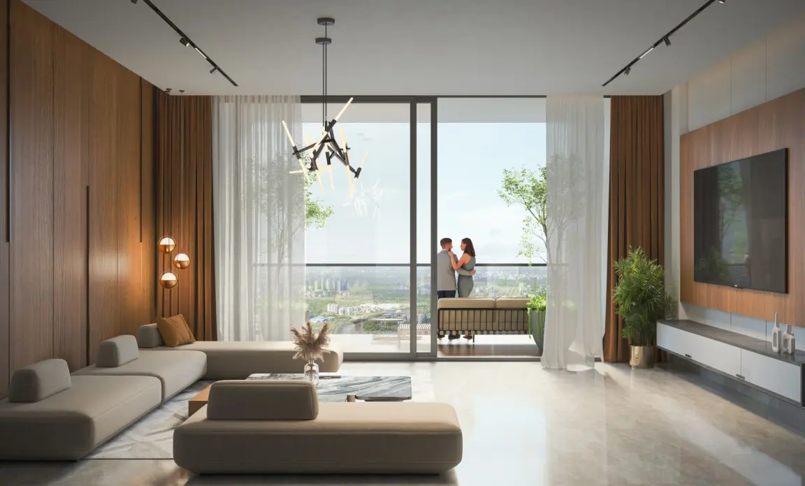 Interior render of a Candeur Skyline living room with city views