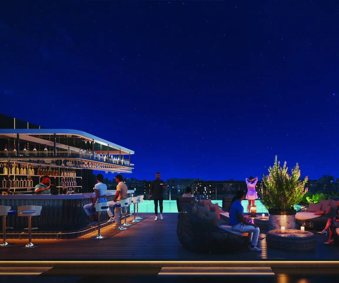 Architectural render of the rooftop pool and club deck