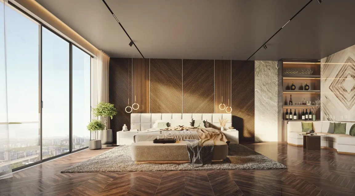 Interior render of a spacious master bedroom at Candeur Skyline