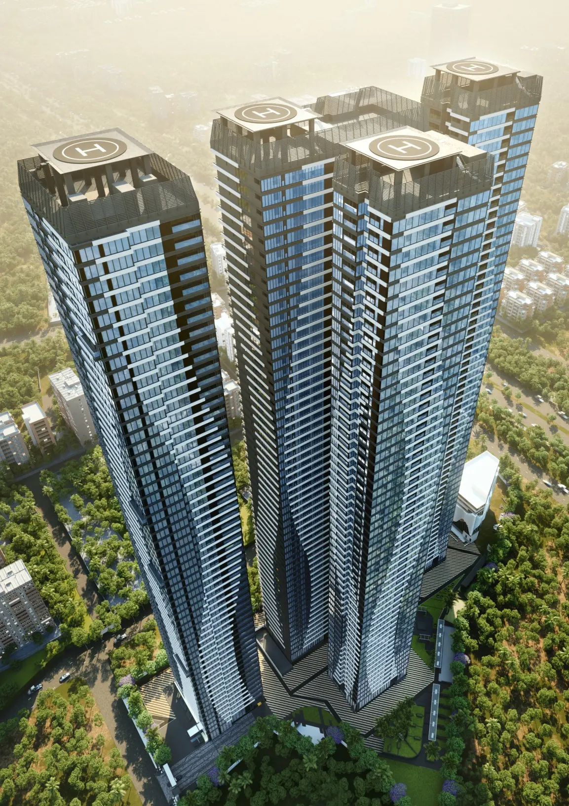 Aerial architectural render of Candeur Skyline towers